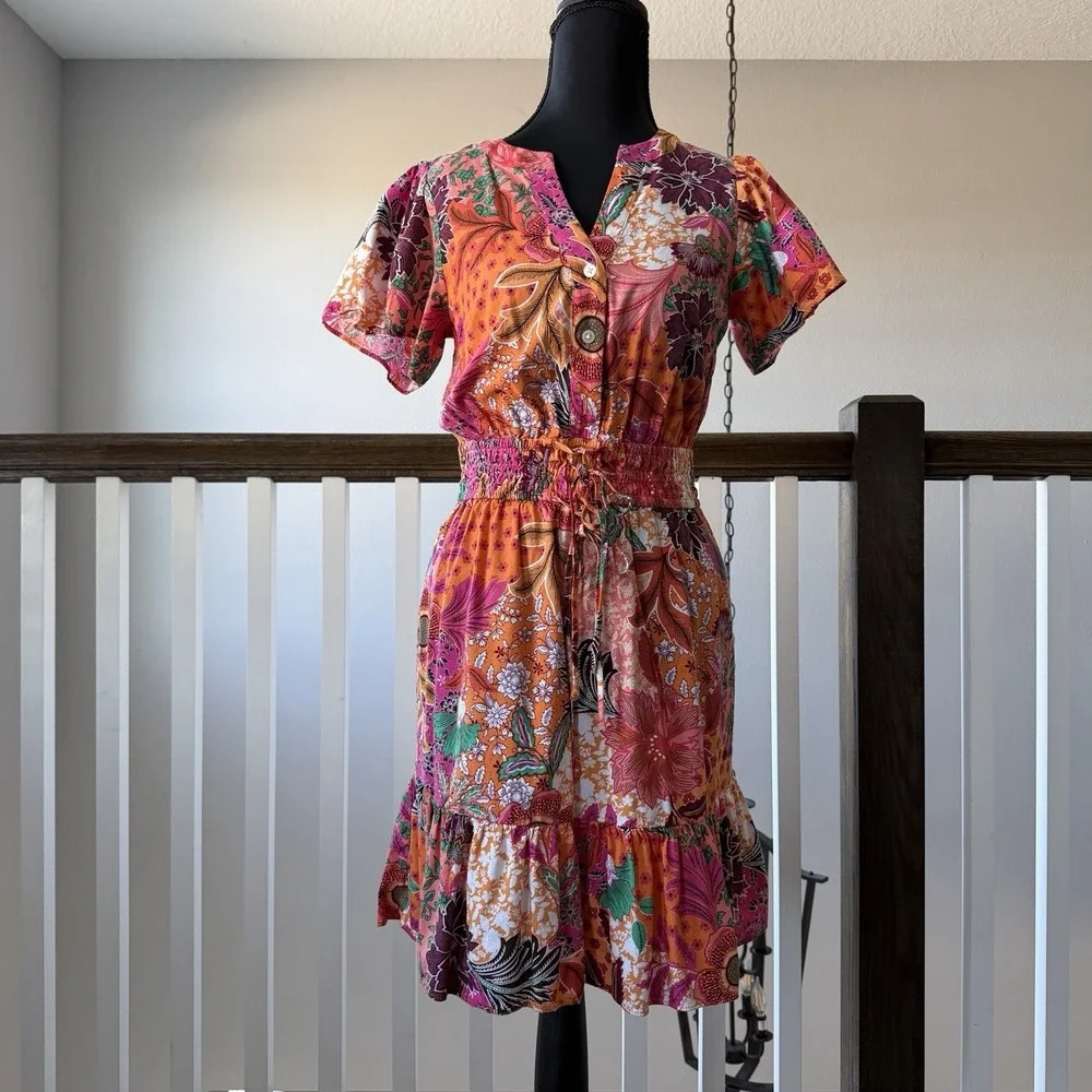 Ann Taylor Loft Dress Size S Petite Patchwork Bloom Floral Waist Tie Vacation - Picture 2 of 7